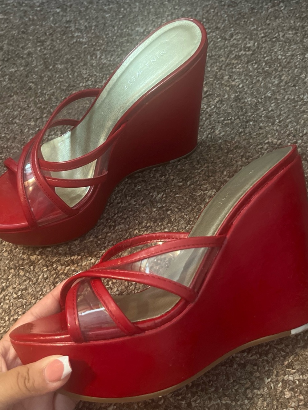 Nine West Red Patent Wedge Sandals with Clear Straps